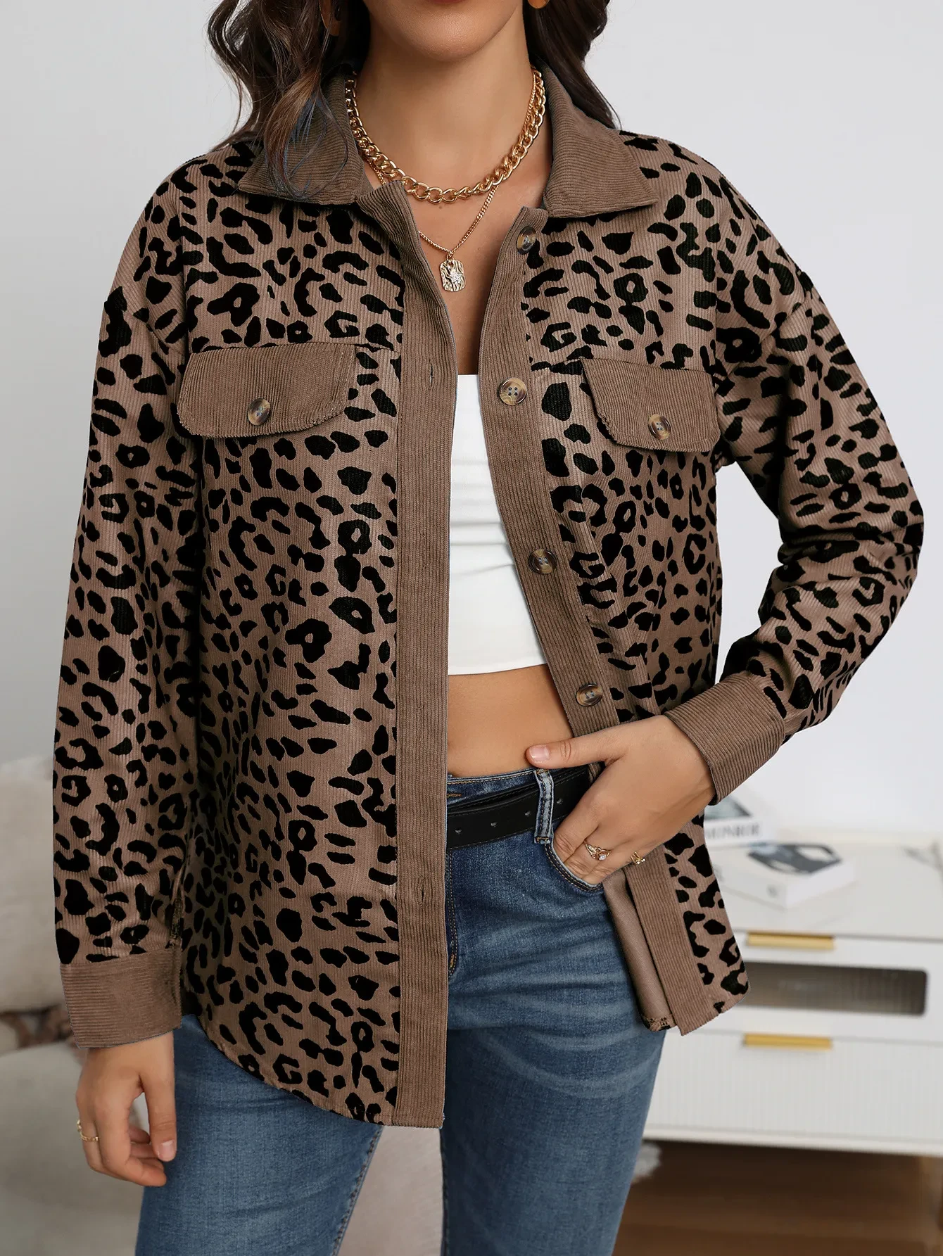Chaqueta de manga larga con botones y estampado de leopardo para mujer