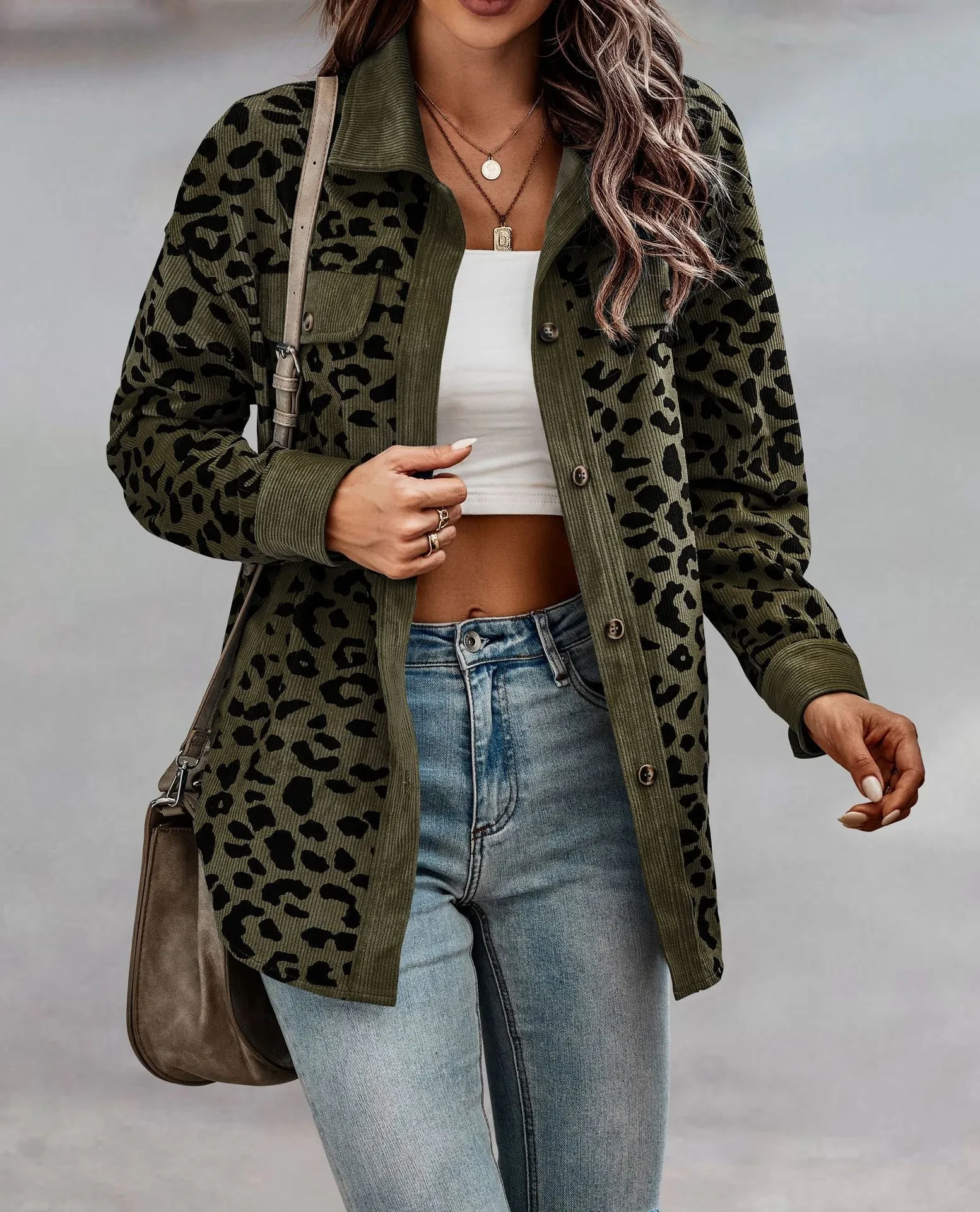 Chaqueta de manga larga con botones y estampado de leopardo para mujer