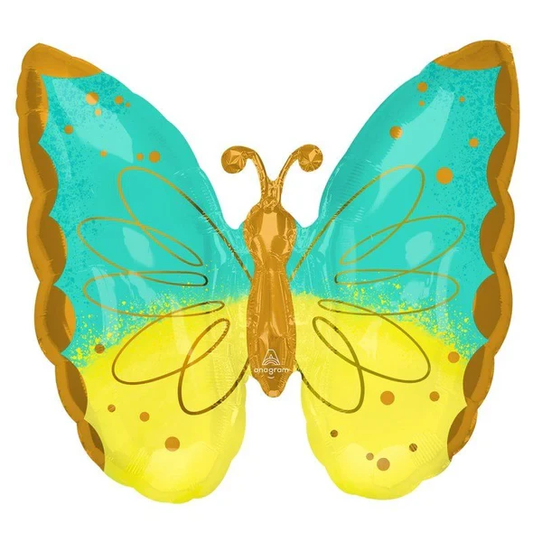 Globo de aluminio Supershape XL con diseño de mariposa en menta y amarillo (63 cm)
