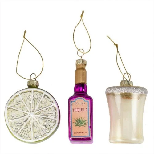 Adornos colgantes para árbol con el novedoso set de tequila Merry & Bright