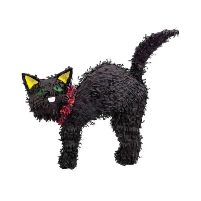 Piñata de gato negro en forma de 2D con cuerda para tirar