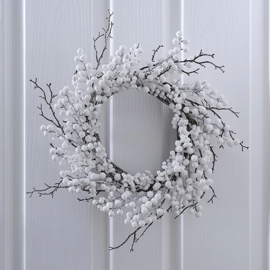 Corona para puerta - Navidad blanca con bayas navideñas