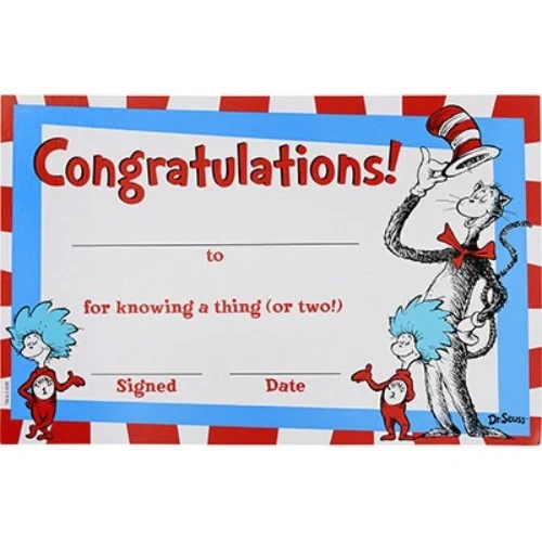 Certificados de felicitación del Dr. Seuss "El Gato en el Sombrero" - Paquete de 12