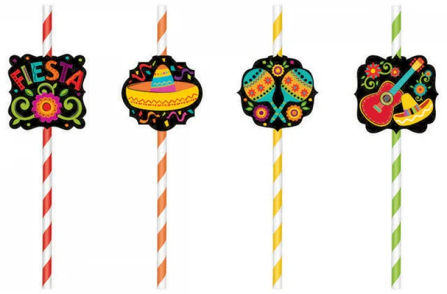 Pajitas de papel para fiestas con accesorios impresos - Paquete de 12