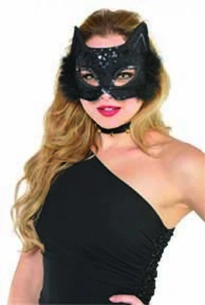 Máscara de disfraz - Gato negro elegante - Marabú de plumas