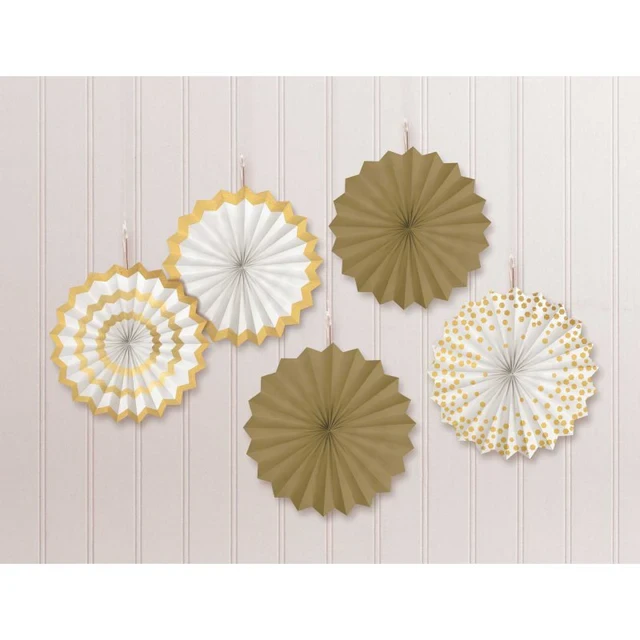 Adornos colgantes - Mini abanicos de papel H-S (blanco/dorado) (paquete de 5)