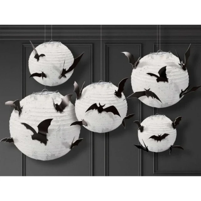 Faroles de papel clásicos de Halloween en blanco y negro con murciélagos (juego de 5)