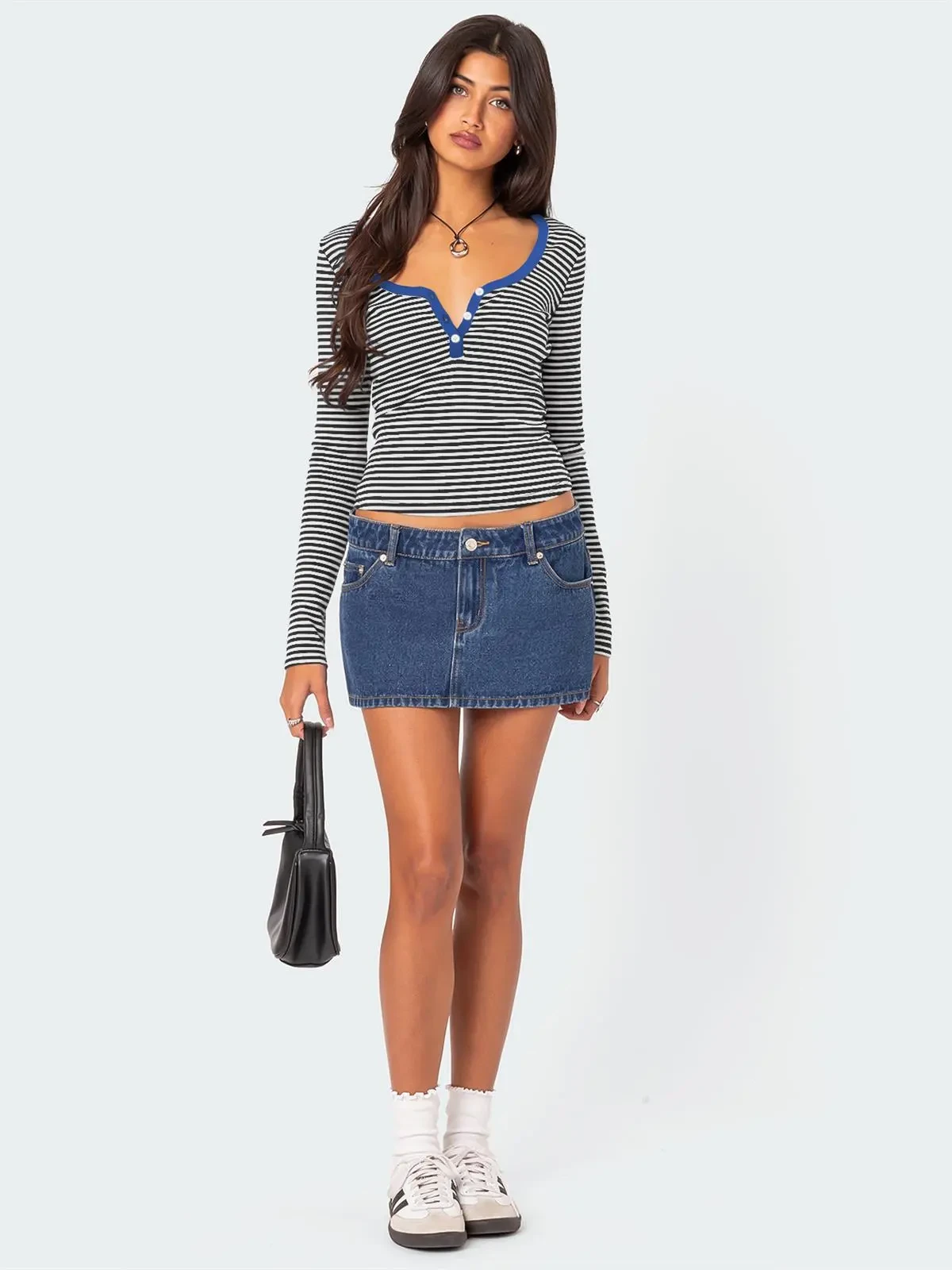 Suéter de rayas de colores contrastantes, camiseta ajustada con botones para mujer
