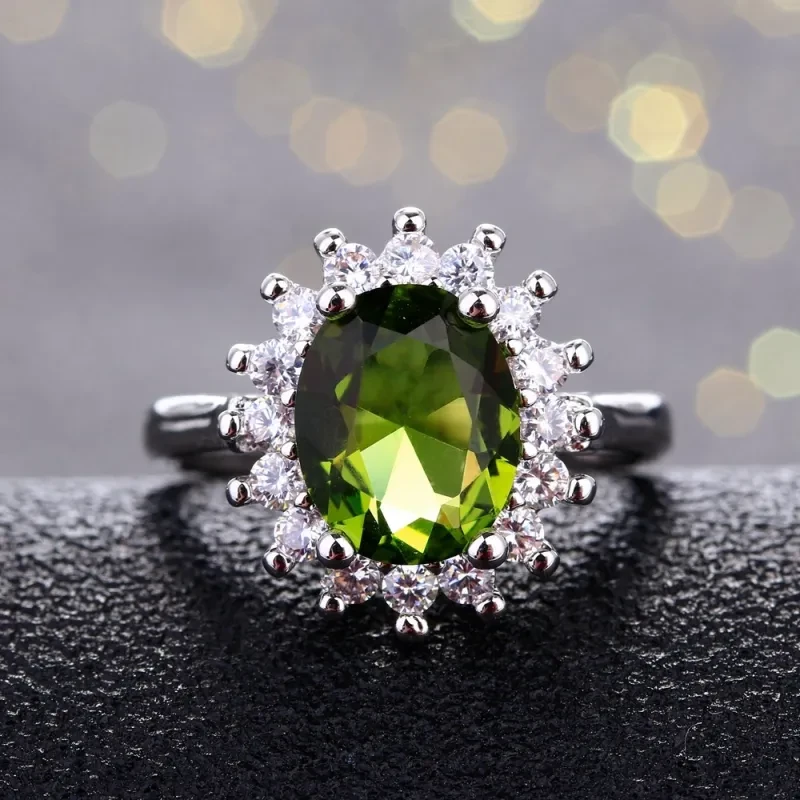 Elegante anillo ovalado de girasol y circonita en plata de ley S925, joyería llamativa para mujer