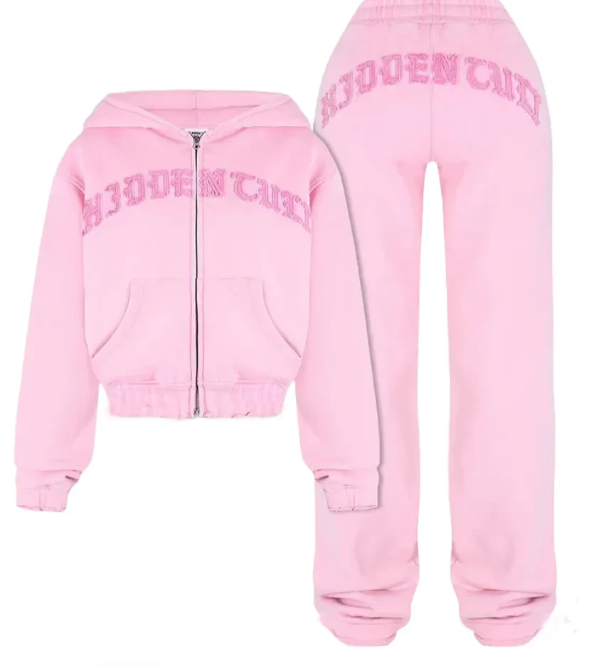 Conjunto deportivo con letras, sudadera corta con capucha y cremallera, pantalones holgados con cordón ajustable, ropa de moda para mujer