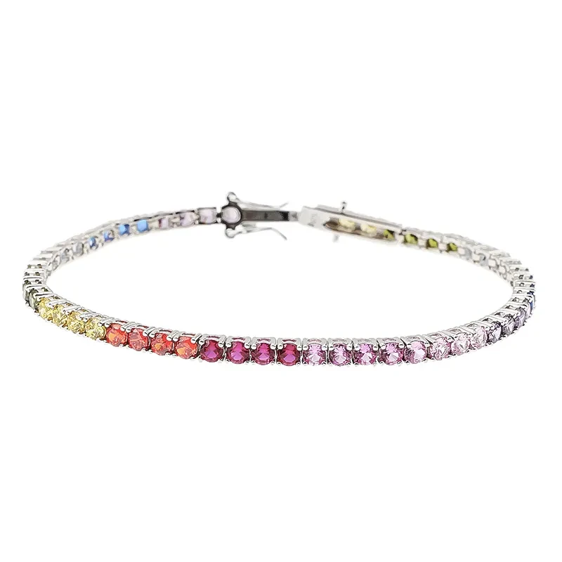 Pulsera de tenis de plata esterlina S925 con circonitas multicolor y diseño de diamantes redondos para hombre y mujer