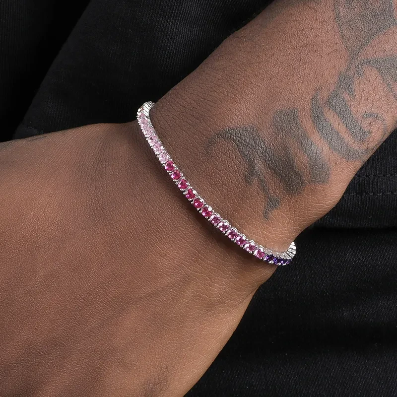 Pulsera de tenis de plata esterlina S925 con circonitas multicolor y diseño de diamantes redondos para hombre y mujer