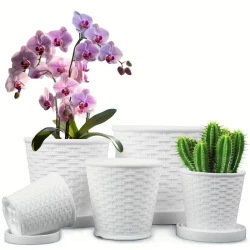 Un juego de cinco tamaños diferentes, una maceta de plástico sencilla con forma de bambú adecuada para decoración de interiores y exteriores, perfecta para plantar plantas verdes.