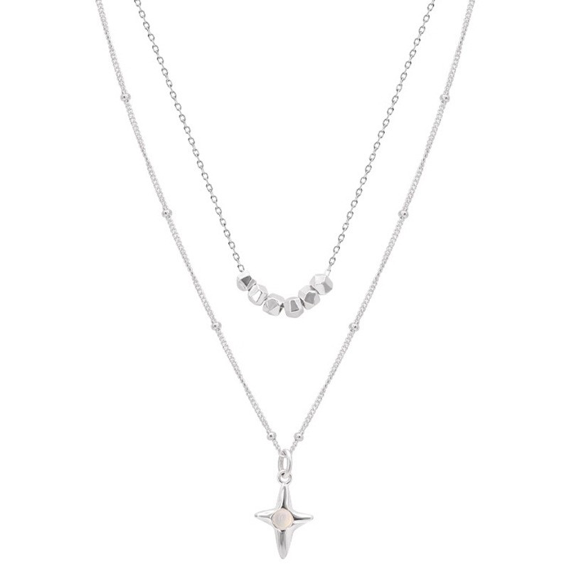Collar de acero inoxidable de doble capa con colgante de cruz de ópalo y diseño de cuentas para mujer