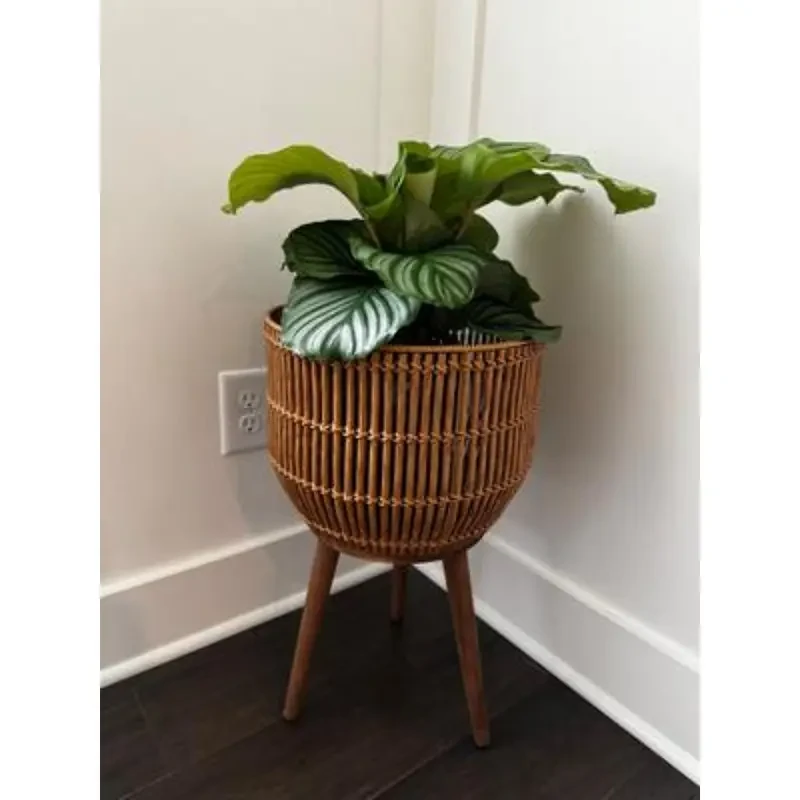 Maceta de resina marrón: diseño redondo de 13 pulgadas, soporte de patas de madera, 21,65 pulgadas de alto, nuevo favorito para la decoración del hogar