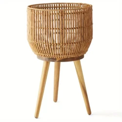 Maceta de resina marrón: diseño redondo de 13 pulgadas, soporte de patas de madera, 21,65 pulgadas de alto, nuevo favorito para la decoración del hogar