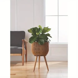 Maceta de resina marrón: diseño redondo de 13 pulgadas, soporte de patas de madera, 21,65 pulgadas de alto, nuevo favorito para la decoración del hogar