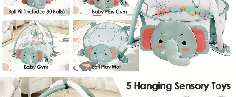 Dearlomum - Alfombra de juegos 4 en 1 para bebé, gimnasio para bebé, tapete para jugar boca abajo, piscina de pelotas de fitness, incluye 30 pelotas y 5 juguetes sensoriales de aprendizaje para bebé (elefante), regalo de Halloween y Navidad.