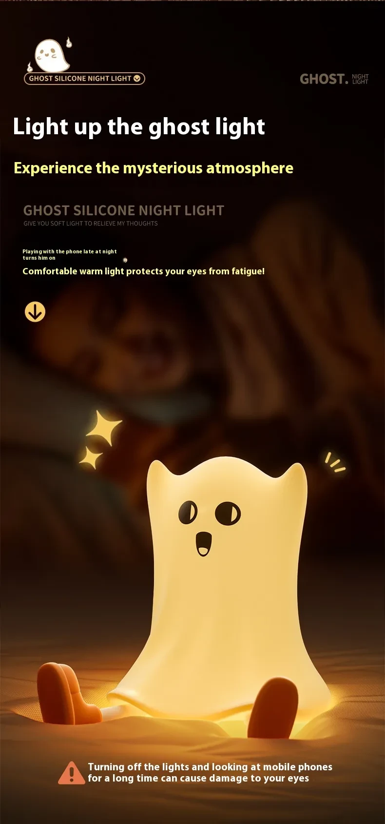 Lámpara de noche de silicona con forma de fantasma para Halloween con control táctil y brillo suave para decoración resistente al agua.