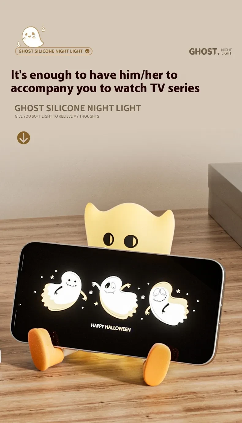 Lámpara de noche de silicona con forma de fantasma para Halloween con control táctil y brillo suave para decoración resistente al agua.