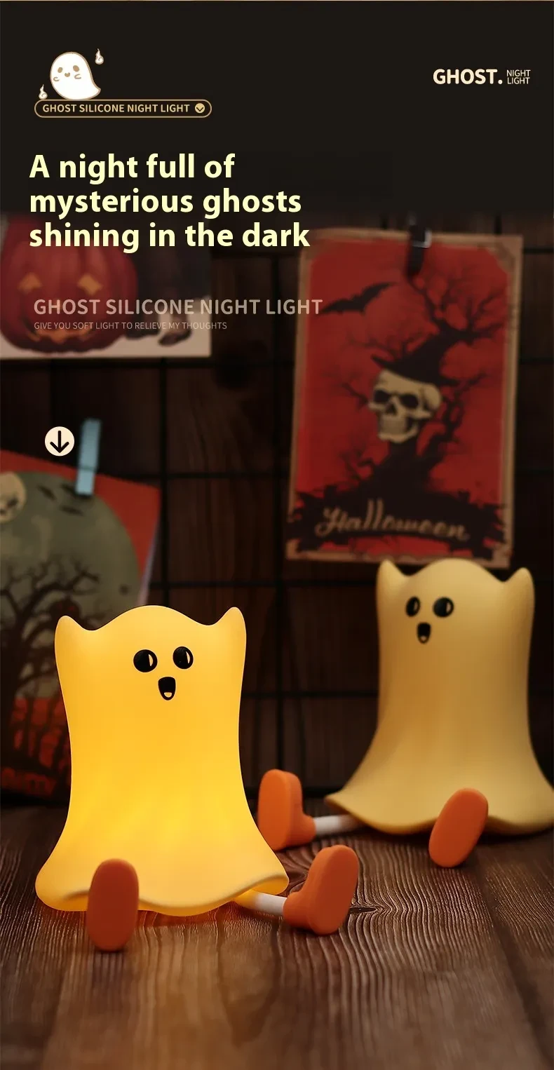 Lámpara de noche de silicona con forma de fantasma para Halloween con control táctil y brillo suave para decoración resistente al agua.