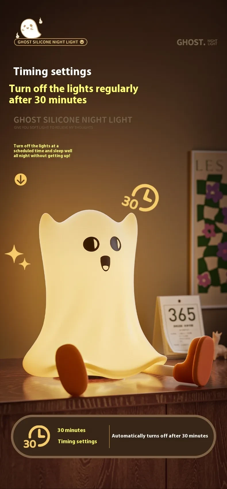 Lámpara de noche de silicona con forma de fantasma para Halloween con control táctil y brillo suave para decoración resistente al agua.