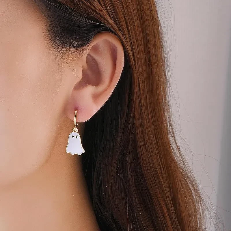 Pendientes de aro de fantasma de Halloween para mujer, dorados, con diseño de fantasma, joyería de Halloween, bonitos pendientes de Halloween.