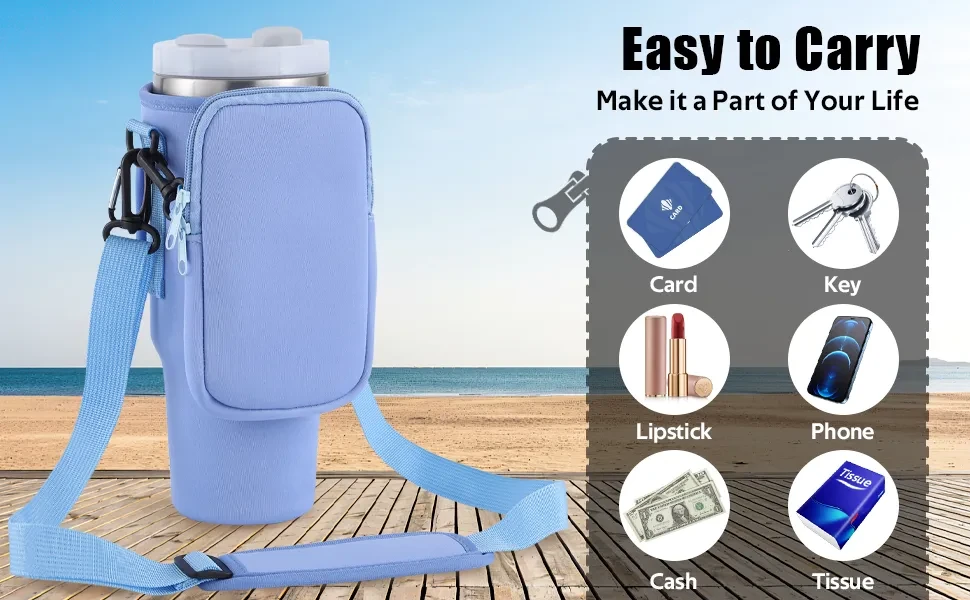 Bolsa portabotellas Slok, compatible con vasos de 1,2 litros con asa, moderna con correa ajustable para exteriores, senderismo, viajes y deportes (azul y morado)