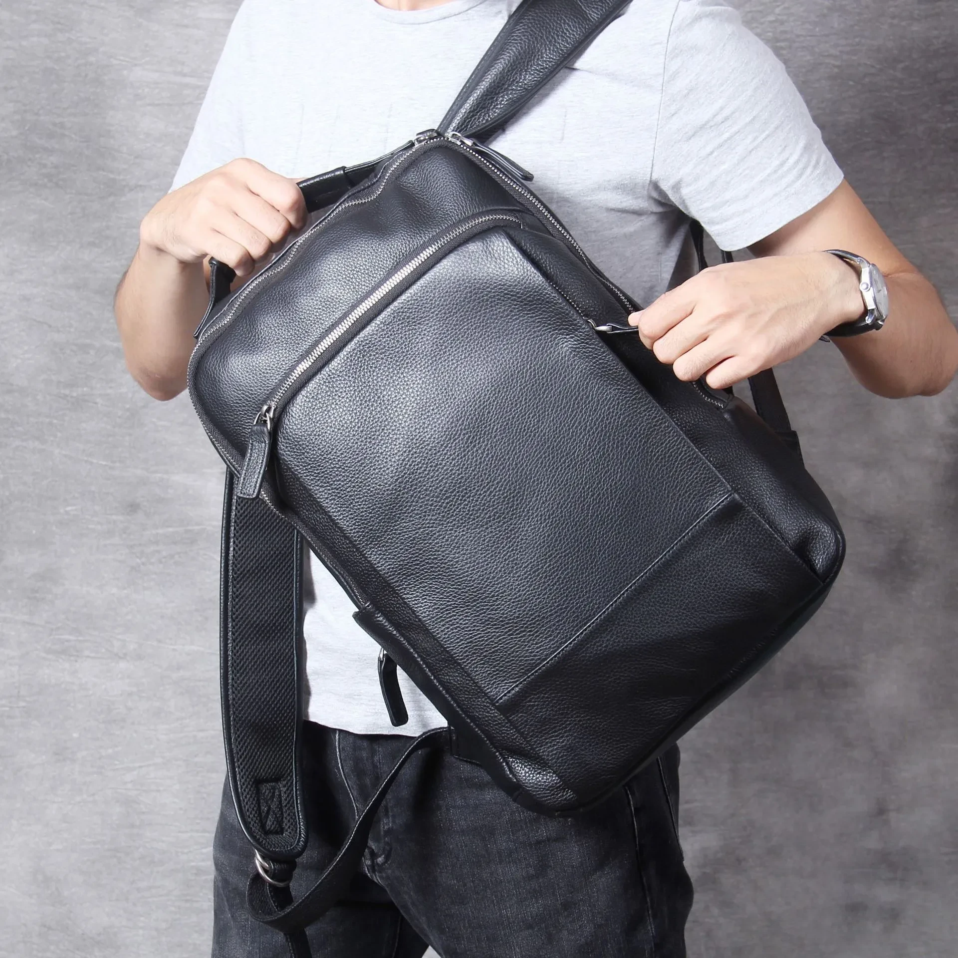 Mochila de cuero para hombre, hecha a mano, de primera capa de piel de vaca, mochila de viaje