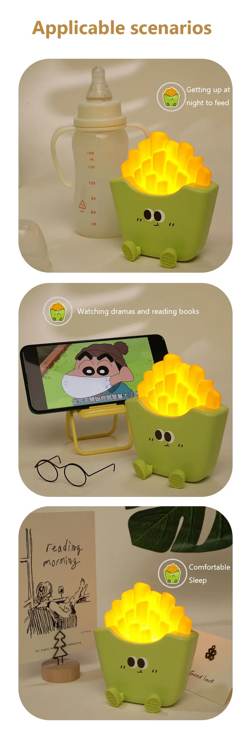 Lámpara de noche creativa con forma de papas fritas, recargable y con carga nocturna, ideal para decorar el hogar.