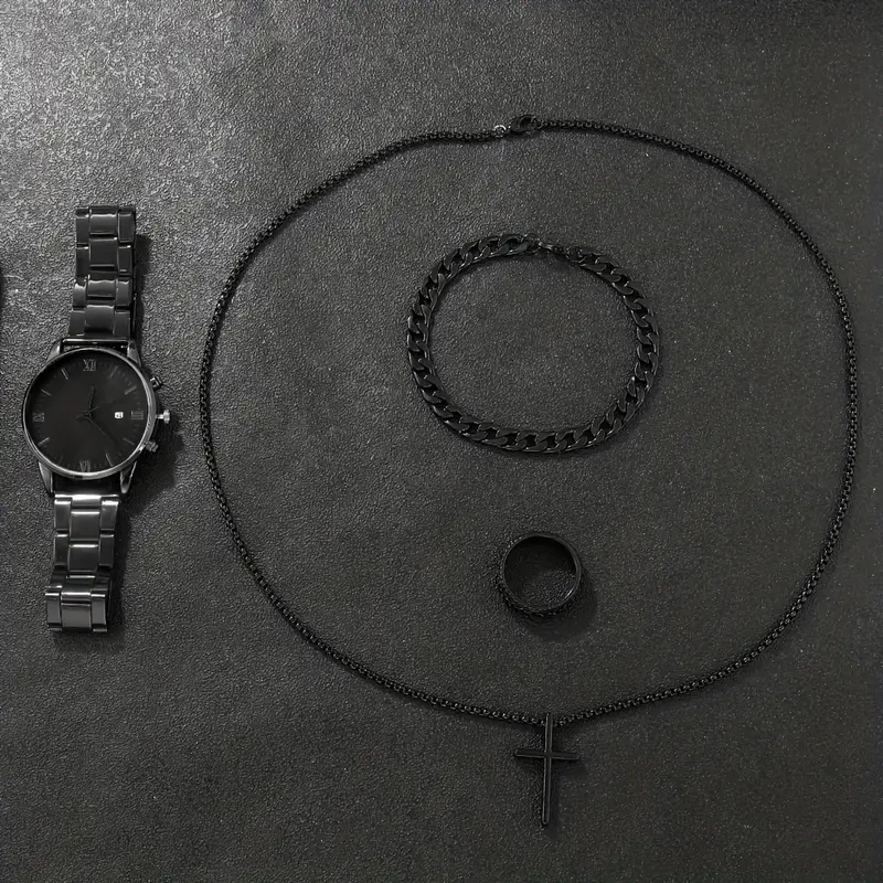 Conjunto de elegante reloj de cuarzo redondo con calendario negro para hombre