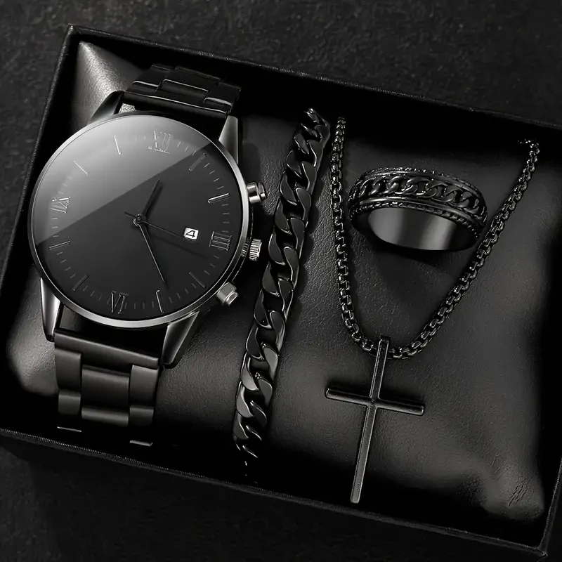 Conjunto de elegante reloj de cuarzo redondo con calendario negro para hombre