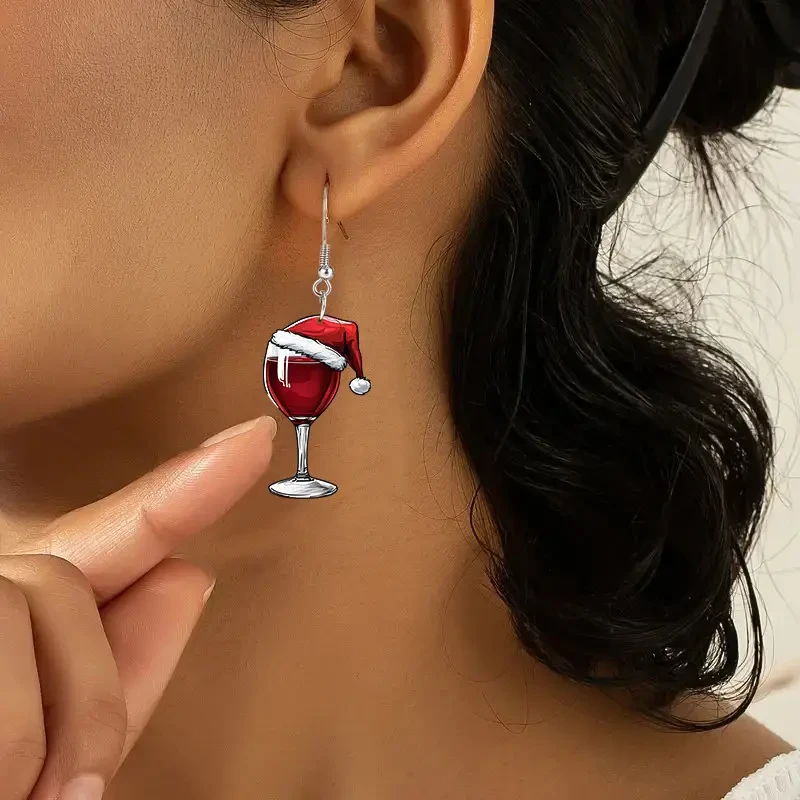 Pendientes colgantes de copa de vino navideños