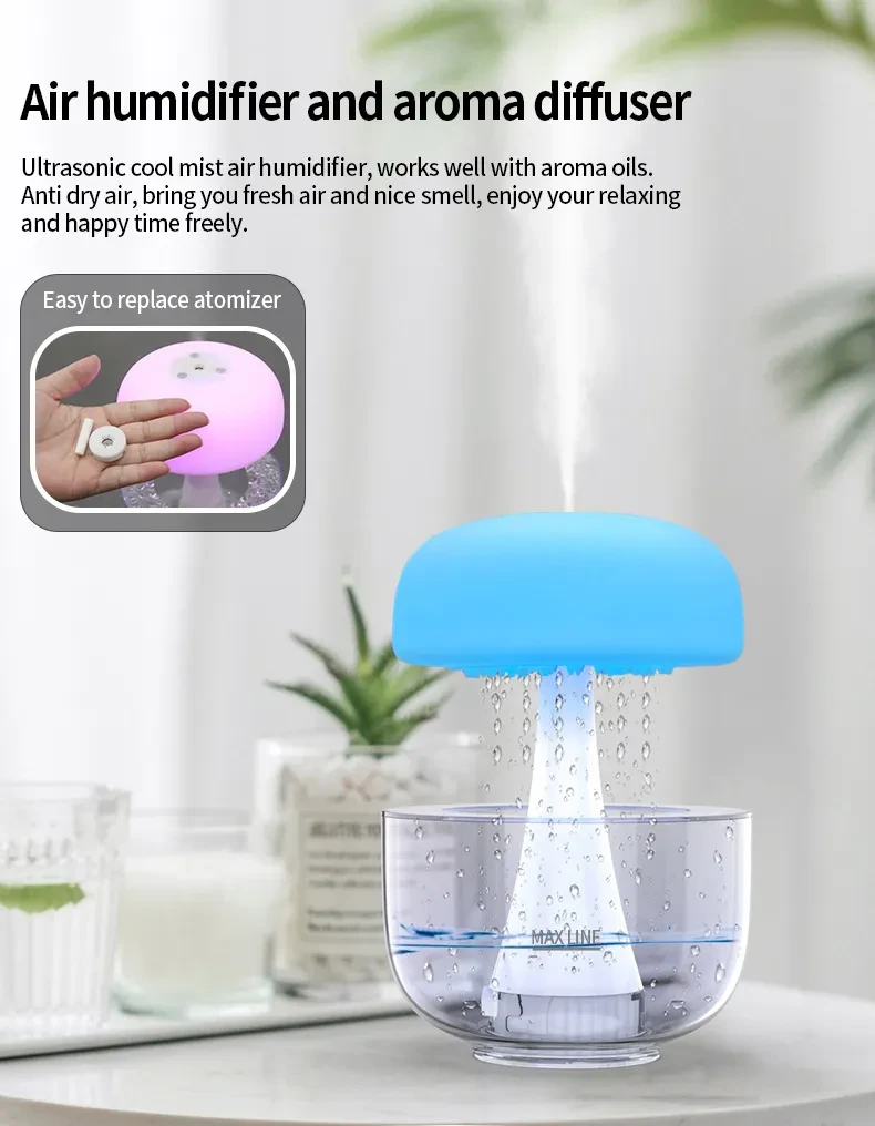 Humidificador ultrasónico con forma de gota de lluvia y medusas, difusor de aroma con luz ambiental de siete colores, nube y lluvia, para decoración del hogar.