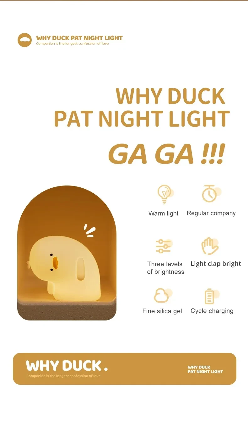 Bonita luz nocturna LED de pato, recargable por USB, lámpara de silicona, luz de ambiente suave al tacto, regalo para niños, decoración de dormitorio