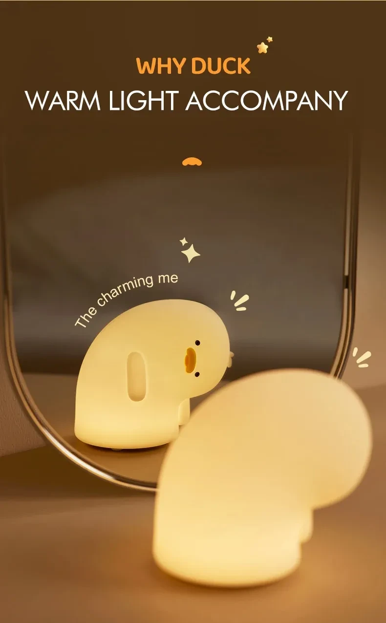 Bonita luz nocturna LED de pato, recargable por USB, lámpara de silicona, luz de ambiente suave al tacto, regalo para niños, decoración de dormitorio