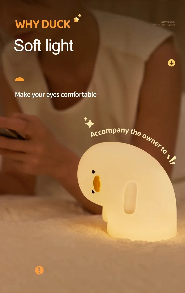 Bonita luz nocturna LED de pato, recargable por USB, lámpara de silicona, luz de ambiente suave al tacto, regalo para niños, decoración de dormitorio