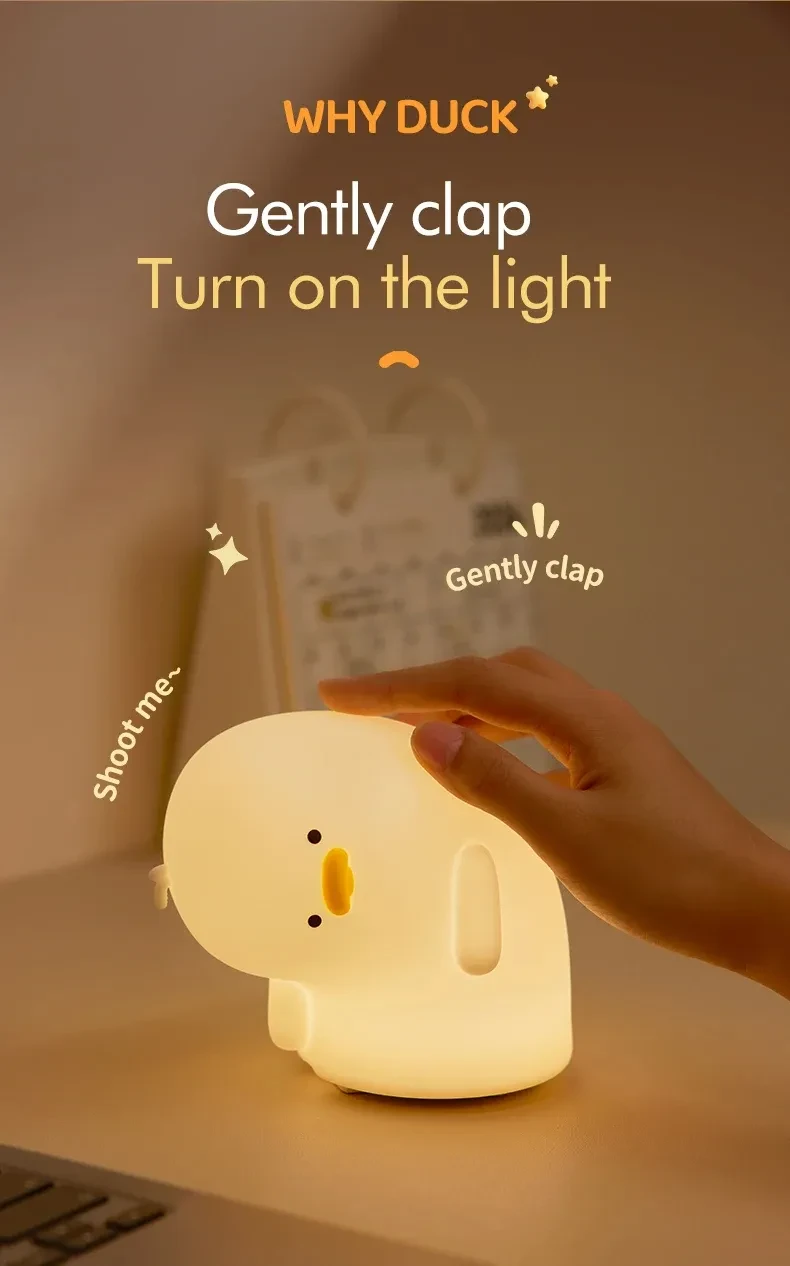 Bonita luz nocturna LED de pato, recargable por USB, lámpara de silicona, luz de ambiente suave al tacto, regalo para niños, decoración de dormitorio
