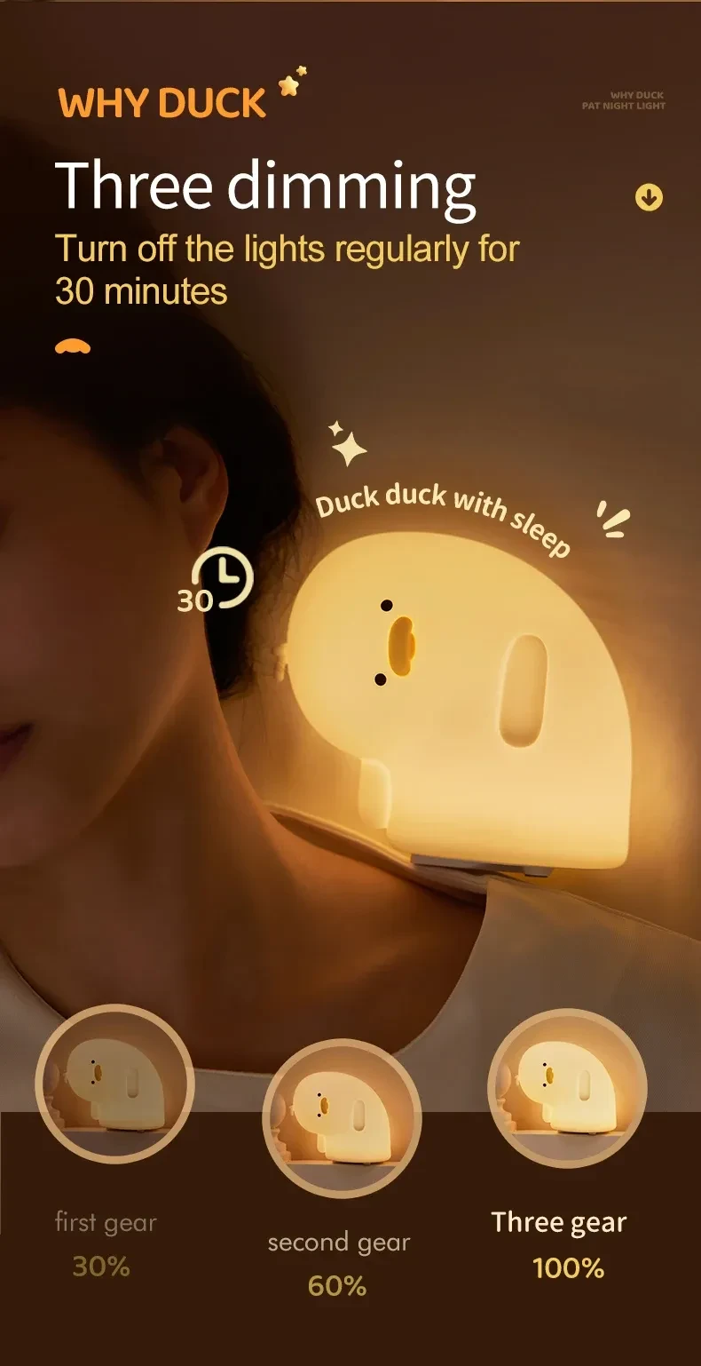 Bonita luz nocturna LED de pato, recargable por USB, lámpara de silicona, luz de ambiente suave al tacto, regalo para niños, decoración de dormitorio
