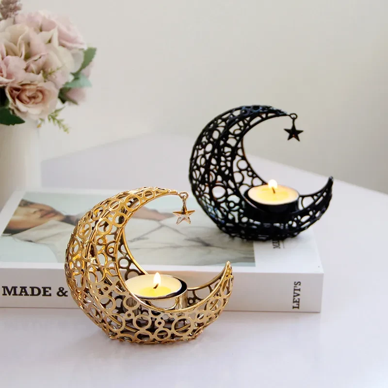 Candelabro de metal dorado negro con forma de media luna, diseño de estrella y luna, moderno, romántico, para bodas y Navidad, decoración del hogar