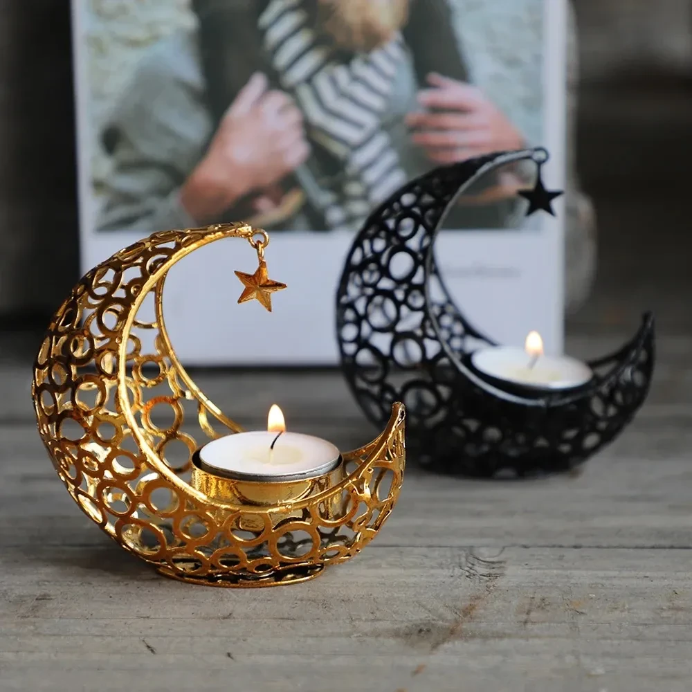 Candelabro de metal dorado negro con forma de media luna, diseño de estrella y luna, moderno, romántico, para bodas y Navidad, decoración del hogar