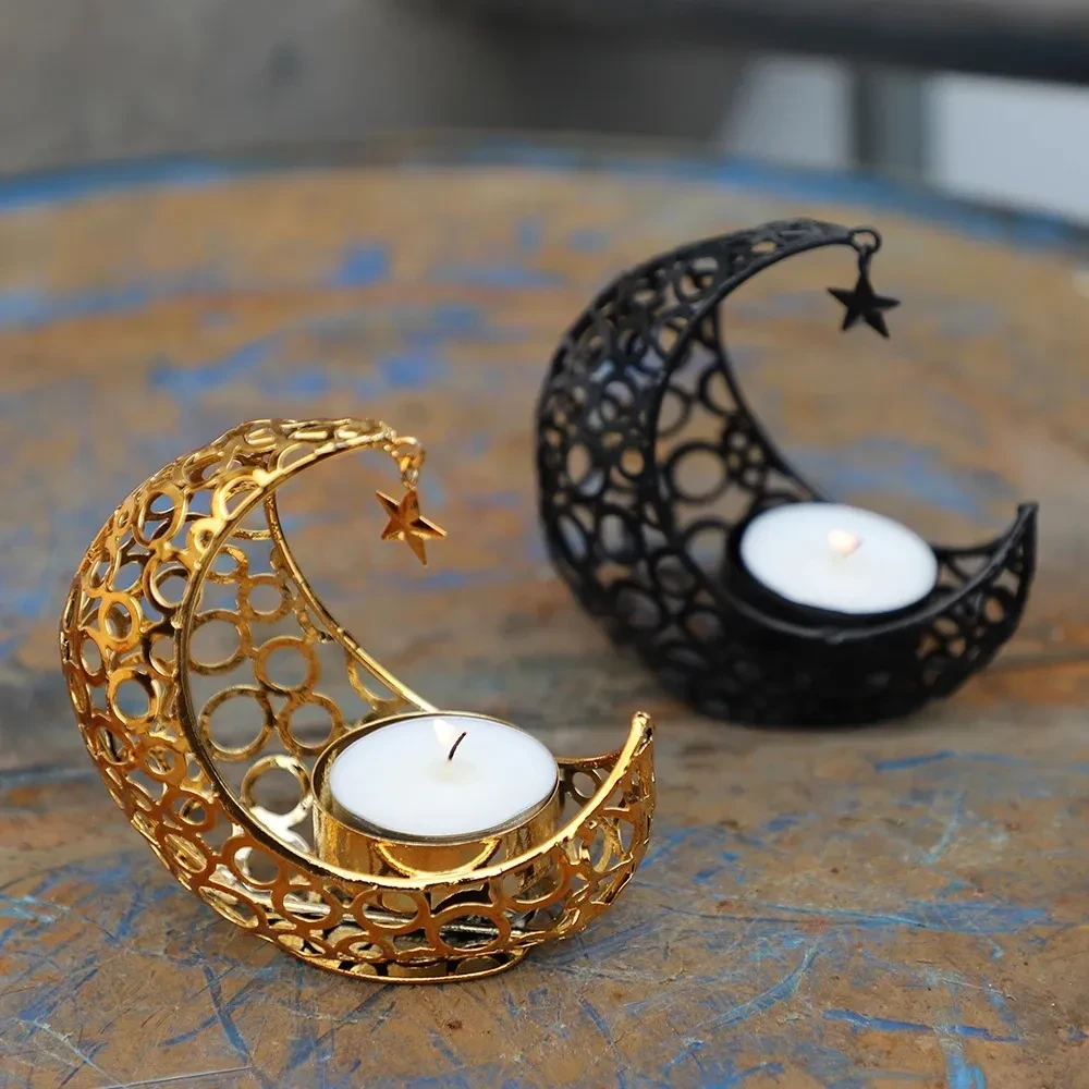 Candelabro de metal dorado negro con forma de media luna, diseño de estrella y luna, moderno, romántico, para bodas y Navidad, decoración del hogar