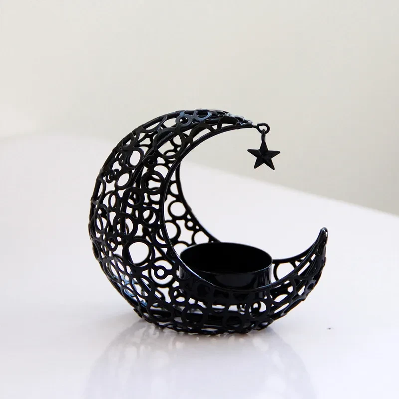 Candelabro de metal dorado negro con forma de media luna, diseño de estrella y luna, moderno, romántico, para bodas y Navidad, decoración del hogar