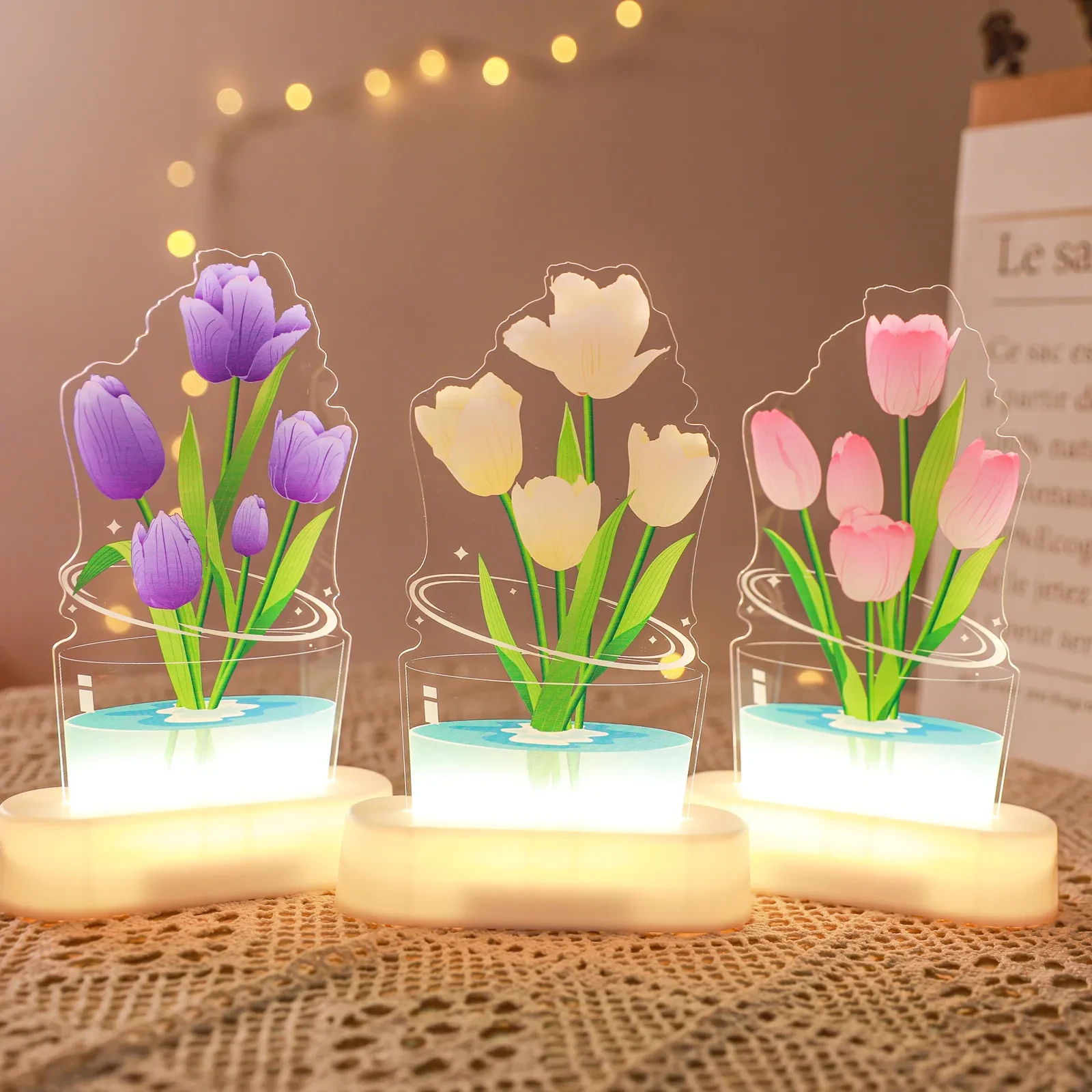 Lámpara de tulipán con impresión UV a color, adorno decorativo, lámpara de noche pequeña, decoración del hogar