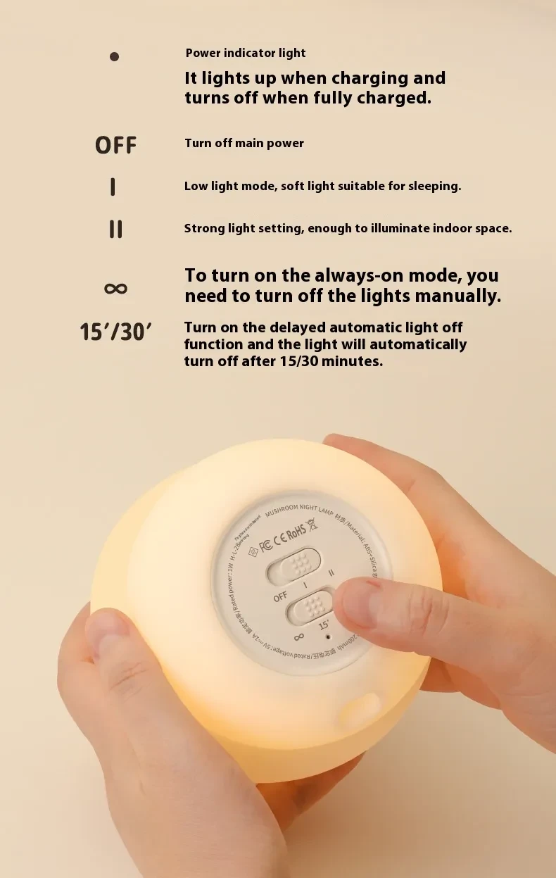 Lámpara de noche pequeña con forma de hongo, de silicona, bonita, con temporizador para dormir, luz de noche, luz ambiental de carga interesante, decoración de habitación y hogar.