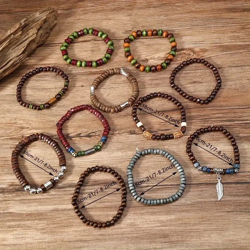 Conjunto de pulseras de cuentas de madera estilo bohemio vintage