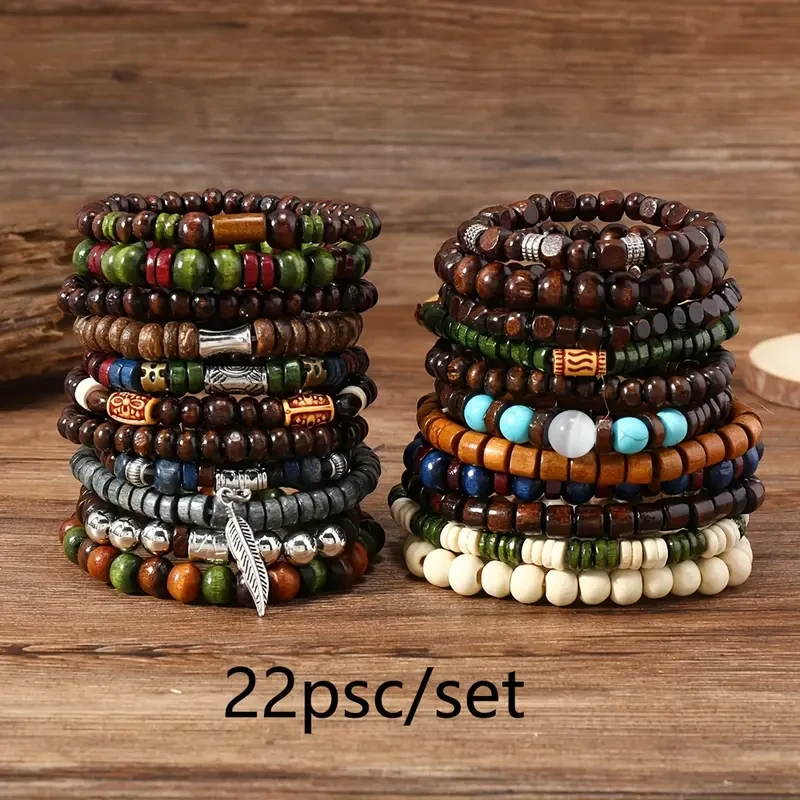 Conjunto de pulseras de cuentas de madera estilo bohemio vintage
