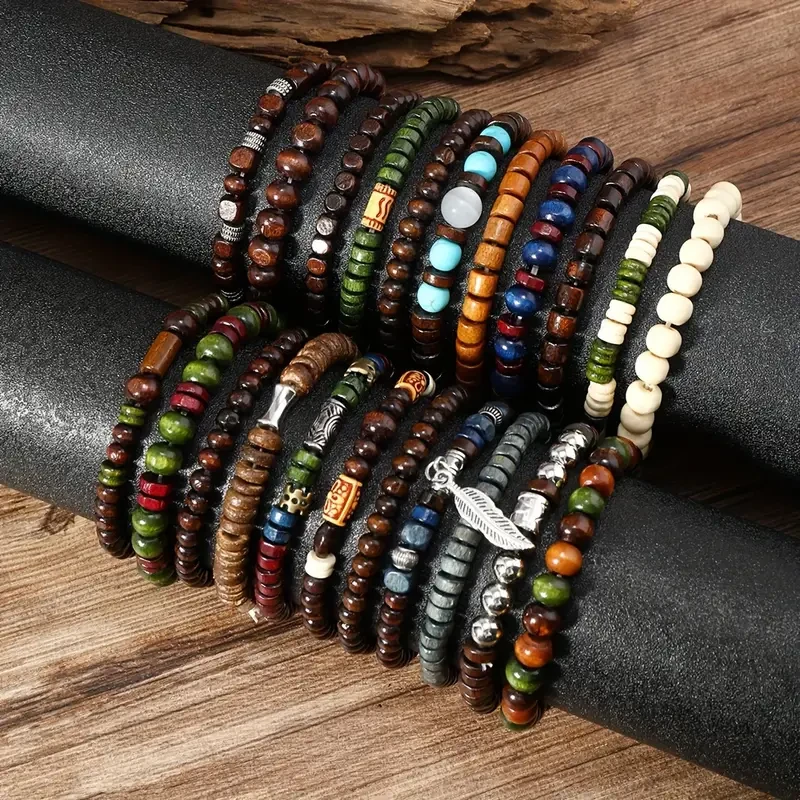 Conjunto de pulseras de cuentas de madera estilo bohemio vintage