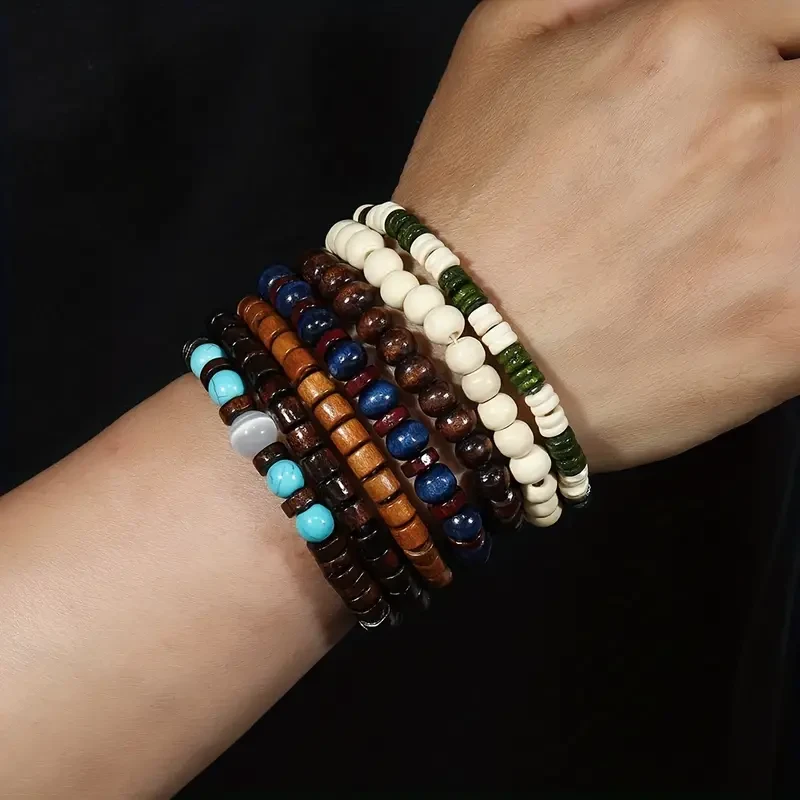Conjunto de pulseras de cuentas de madera estilo bohemio vintage