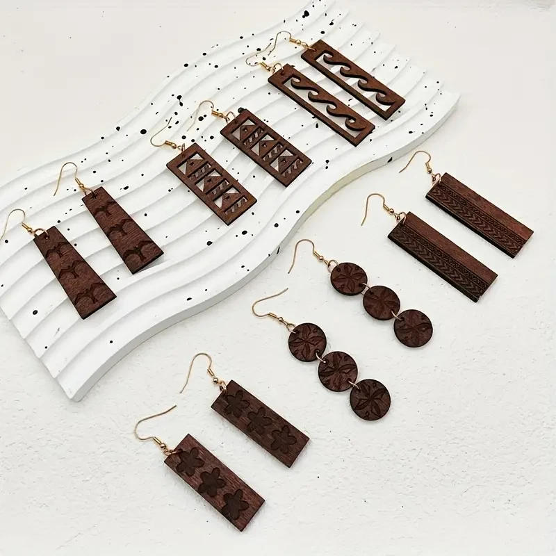 Juego de pendientes colgantes de madera de inspiración vintage